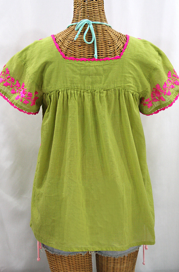 "La Marina Corta" Embroidered Mexican Peasant Blouse - Moss + Neon Pink