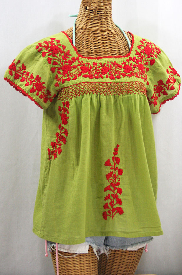 "La Marina Corta" Embroidered Mexican Peasant Blouse - Moss + Red