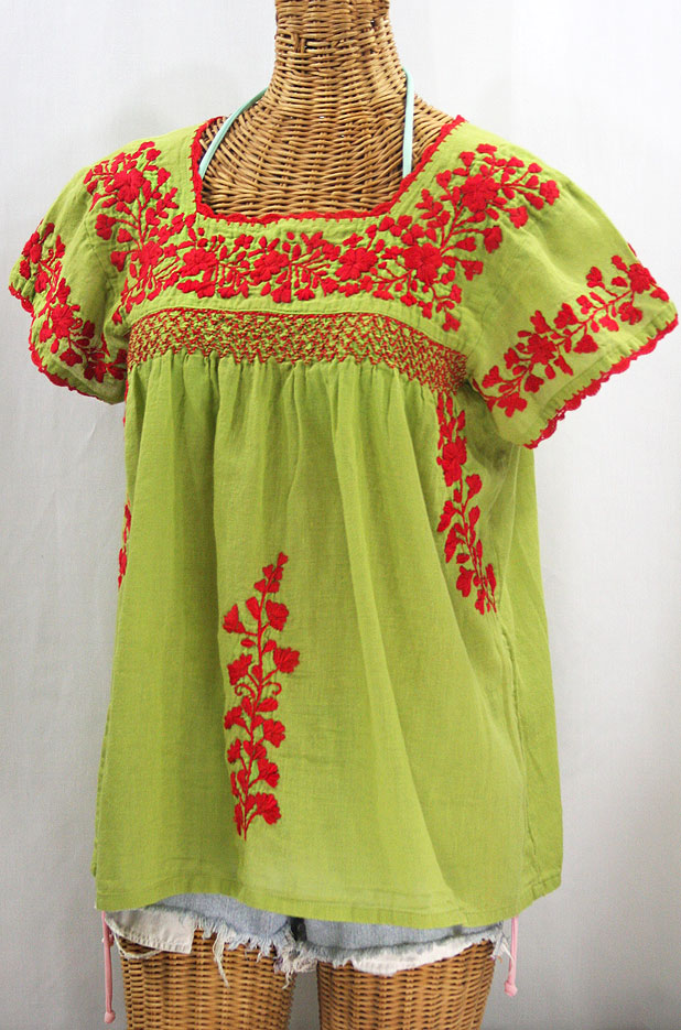 "La Marina Corta" Embroidered Mexican Peasant Blouse - Moss + Red