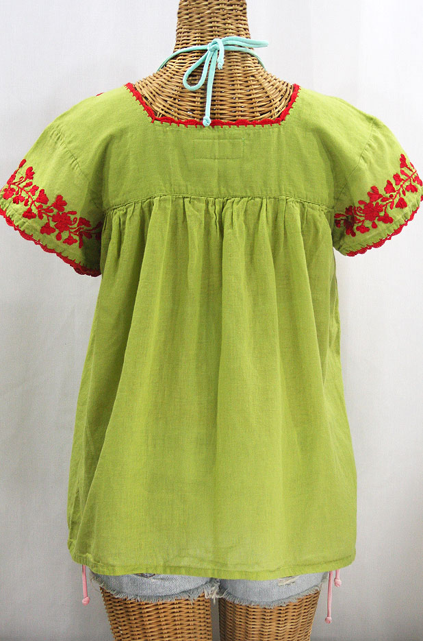 "La Marina Corta" Embroidered Mexican Peasant Blouse - Moss + Red