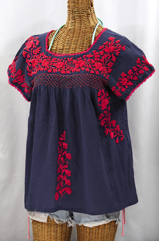 "La Marina Corta" Embroidered Mexican Peasant Blouse - Navy + Red