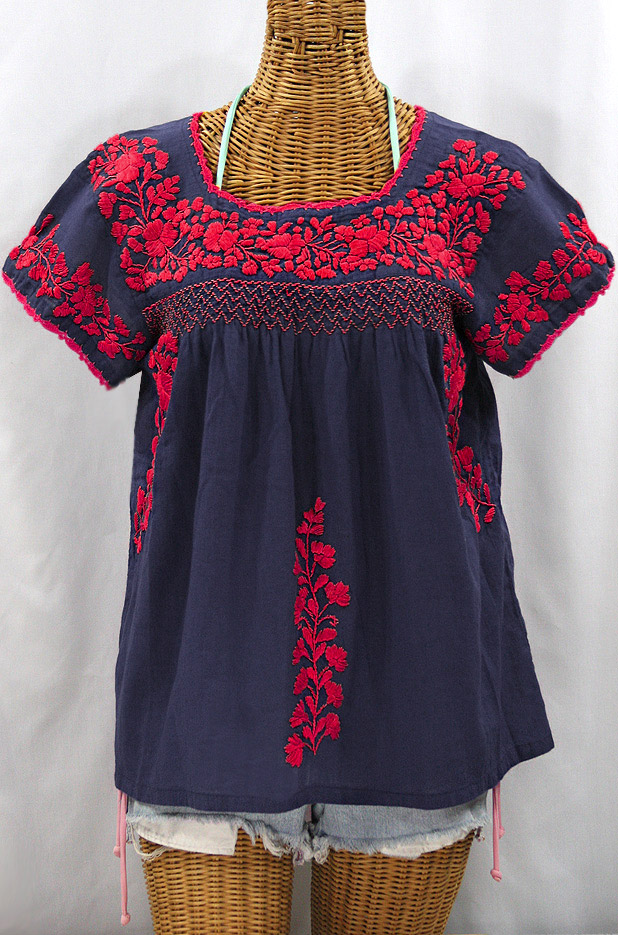 "La Marina Corta" Embroidered Mexican Peasant Blouse - Navy + Red