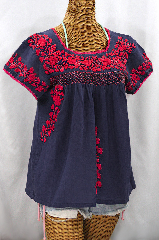 "La Marina Corta" Embroidered Mexican Peasant Blouse - Navy + Red