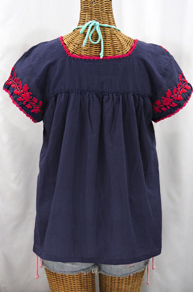 "La Marina Corta" Embroidered Mexican Peasant Blouse - Navy + Red