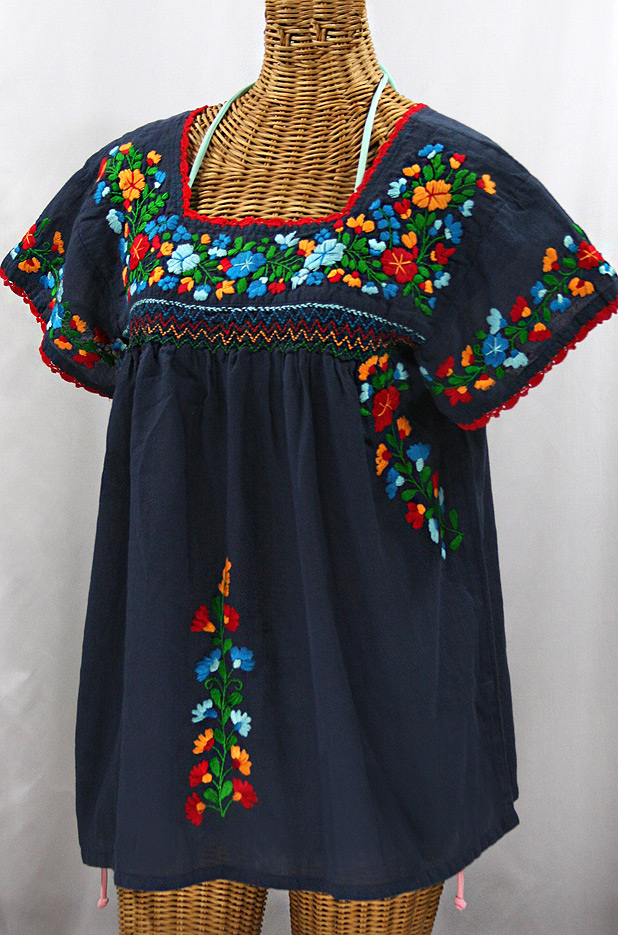 "La Marina Corta" Embroidered Mexican Peasant Blouse - Navy + Fiesta