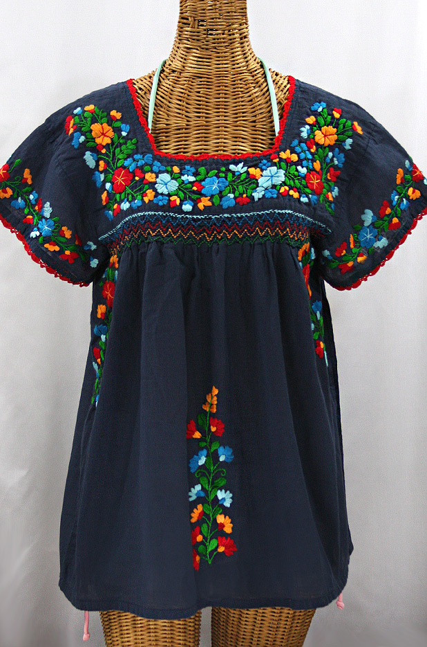 "La Marina Corta" Embroidered Mexican Peasant Blouse - Navy + Fiesta