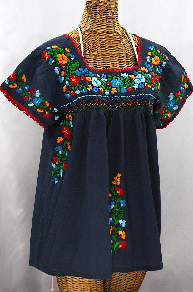 "La Marina Corta" Embroidered Mexican Peasant Blouse - Navy + Fiesta