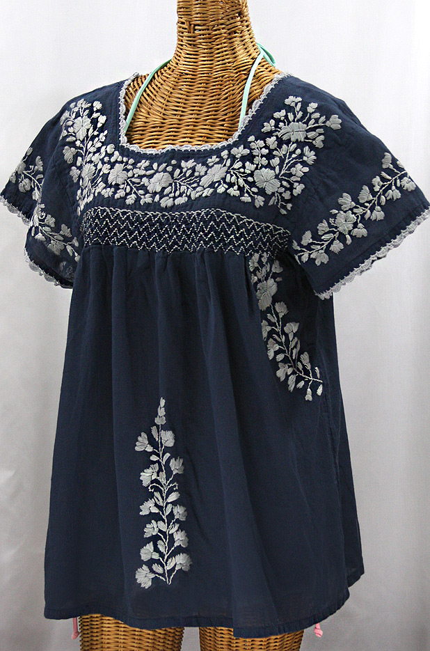 "La Marina Corta" Embroidered Mexican Peasant Blouse - Navy + Grey