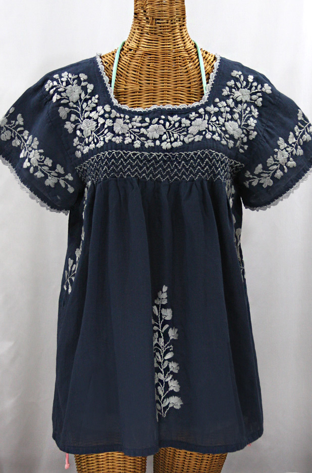 "La Marina Corta" Embroidered Mexican Peasant Blouse - Navy + Grey