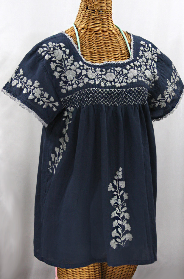 "La Marina Corta" Embroidered Mexican Peasant Blouse - Navy + Grey