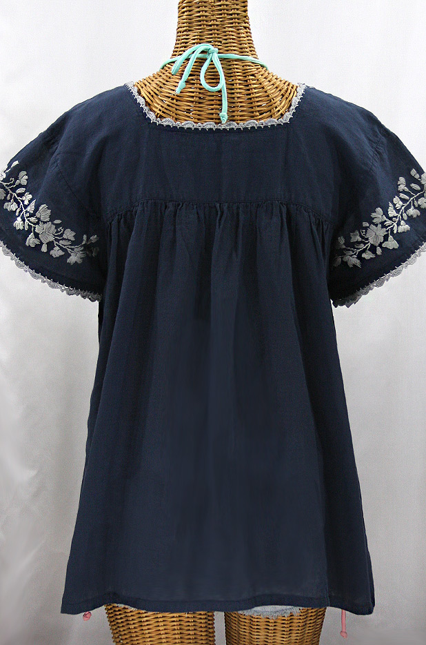 "La Marina Corta" Embroidered Mexican Peasant Blouse - Navy + Grey