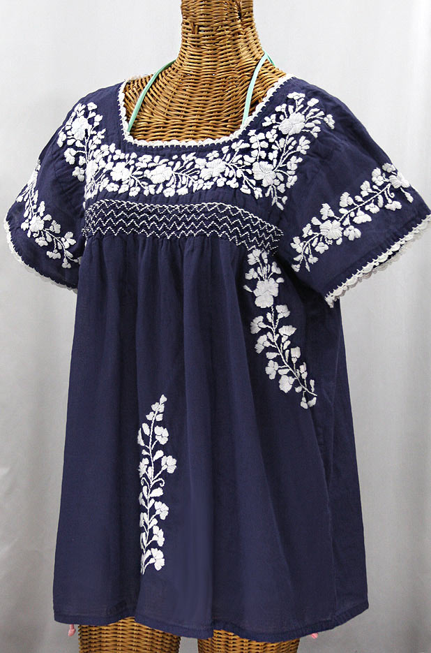 "La Marina Corta" Embroidered Mexican Peasant Blouse - Navy + White