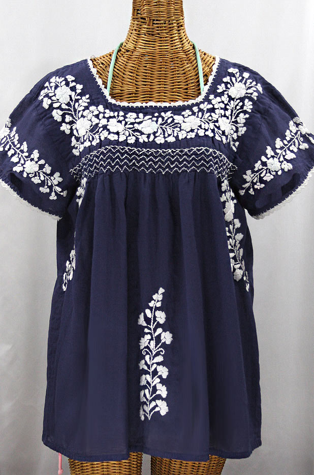 "La Marina Corta" Embroidered Mexican Peasant Blouse - Navy + White