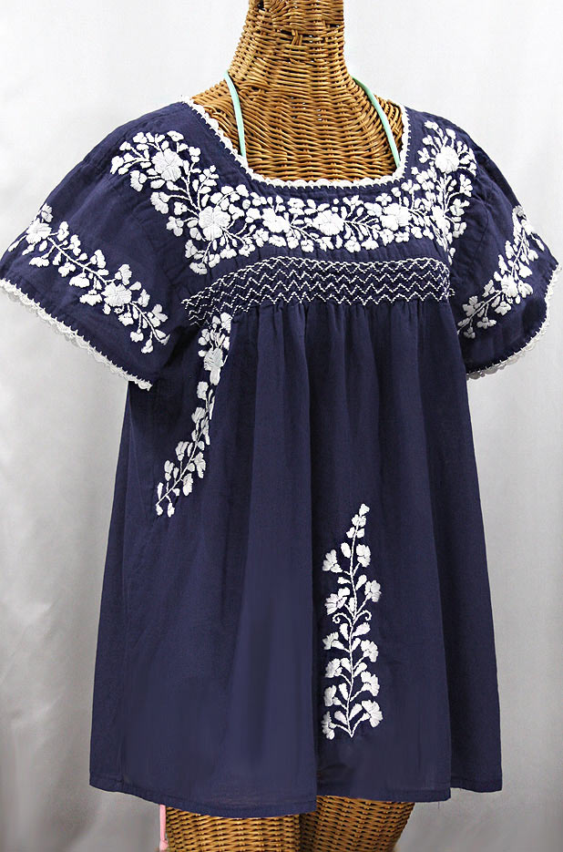 "La Marina Corta" Embroidered Mexican Peasant Blouse - Navy + White