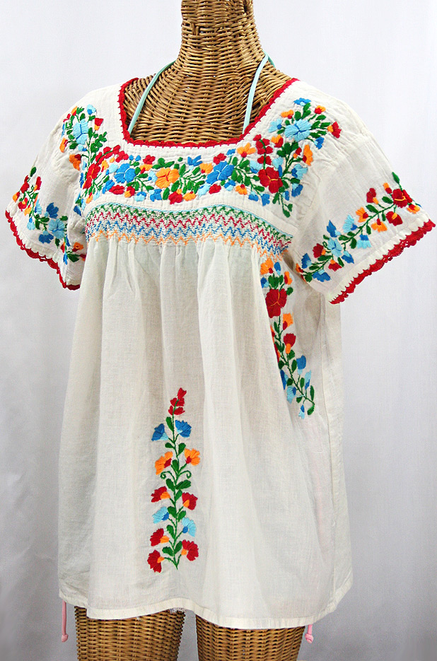 "La Marina Corta" Embroidered Mexican Peasant Blouse - Off White + Fiesta