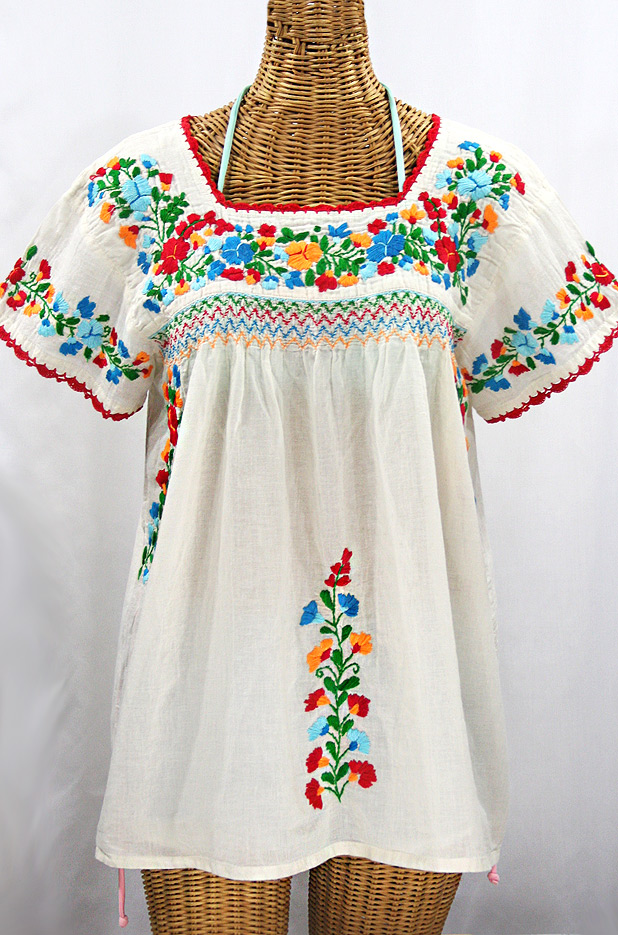 "La Marina Corta" Embroidered Mexican Peasant Blouse - Off White + Fiesta