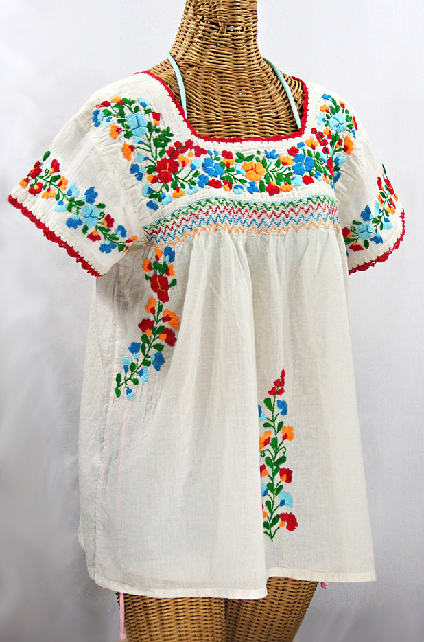 "La Marina Corta" Embroidered Mexican Peasant Blouse - Off White + Fiesta