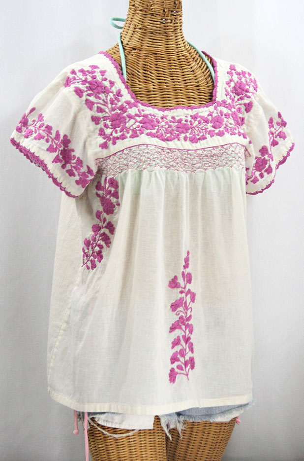 "La Marina Corta" Embroidered Mexican Peasant Blouse - Off White + Rose Pink