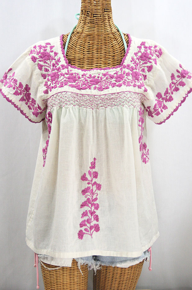 "La Marina Corta" Embroidered Mexican Peasant Blouse - Off White + Rose Pink