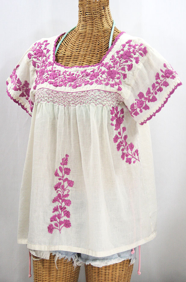 "La Marina Corta" Embroidered Mexican Peasant Blouse - Off White + Rose Pink