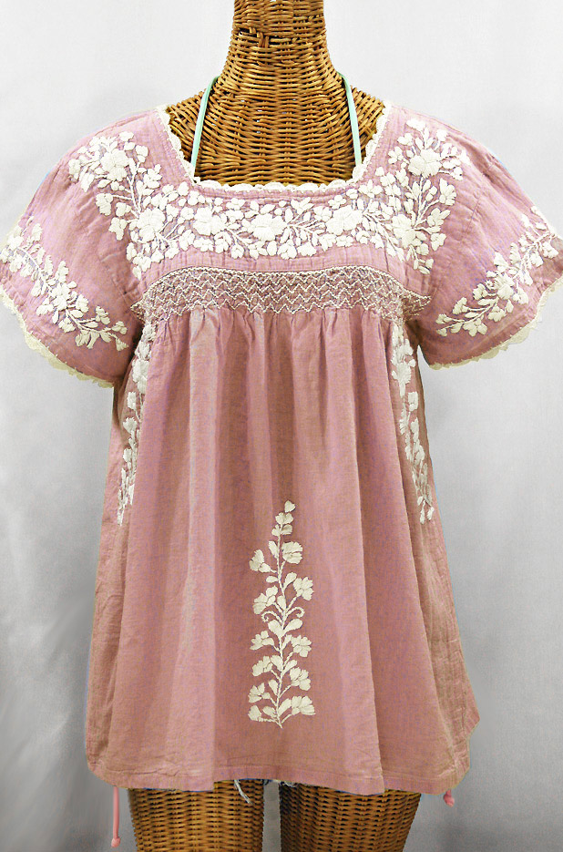 "La Marina Corta" Embroidered Mexican Peasant Blouse - Dusty Light Pink + Cream