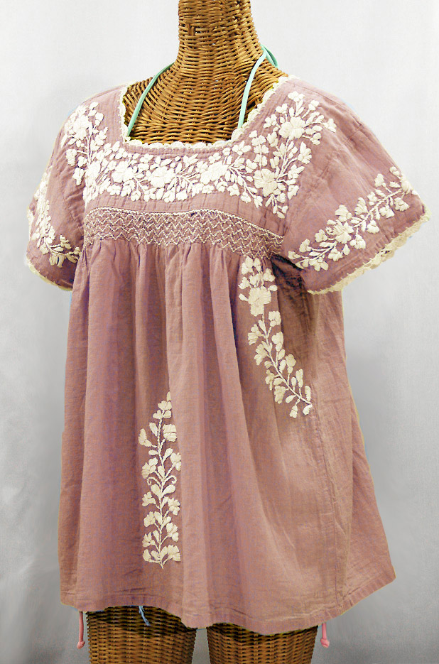 "La Marina Corta" Embroidered Mexican Peasant Blouse - Dusty Light Pink + Cream