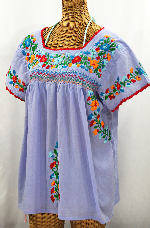 "La Marina Corta" Embroidered Mexican Peasant Blouse - Periwinkle + Fiesta