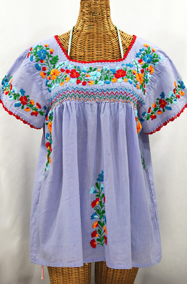 "La Marina Corta" Embroidered Mexican Peasant Blouse - Periwinkle + Fiesta