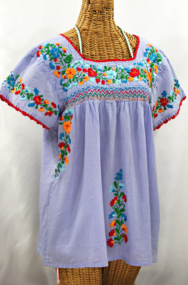 "La Marina Corta" Embroidered Mexican Peasant Blouse - Periwinkle + Fiesta