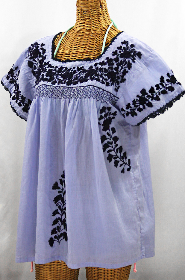 "La Marina Corta" Embroidered Mexican Peasant Blouse - Periwinkle + Navy