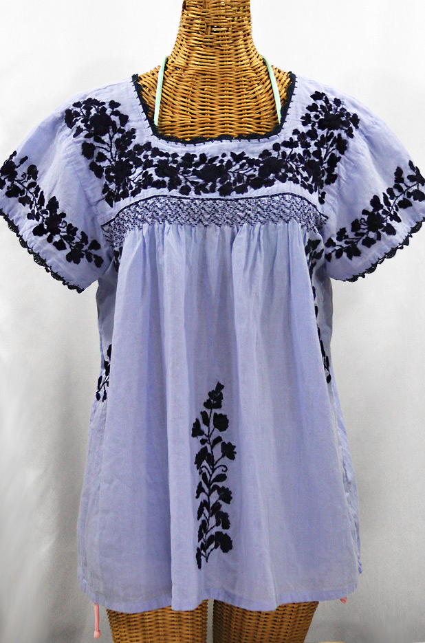 "La Marina Corta" Embroidered Mexican Peasant Blouse - Periwinkle + Navy