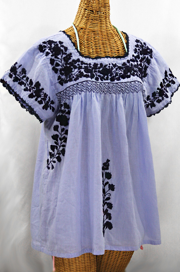 "La Marina Corta" Embroidered Mexican Peasant Blouse - Periwinkle + Navy