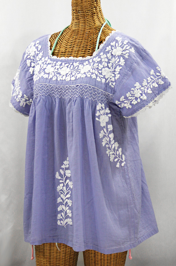 "La Marina Corta" Embroidered Mexican Peasant Blouse - Periwinkle + White