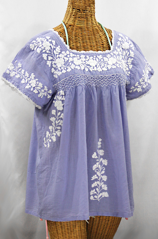 "La Marina Corta" Embroidered Mexican Peasant Blouse - Periwinkle + White