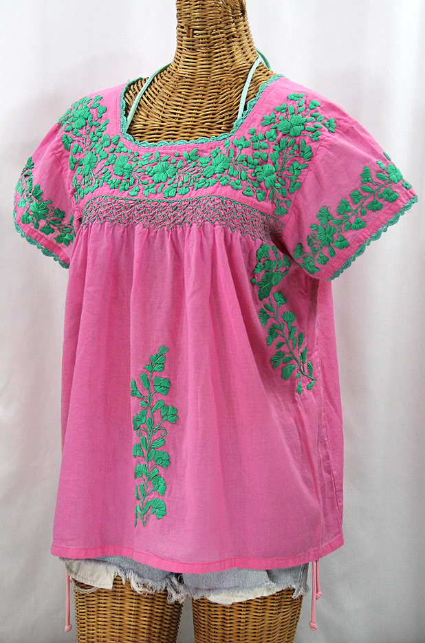 "La Marina Corta" Embroidered Mexican Peasant Blouse - Pink + Mint