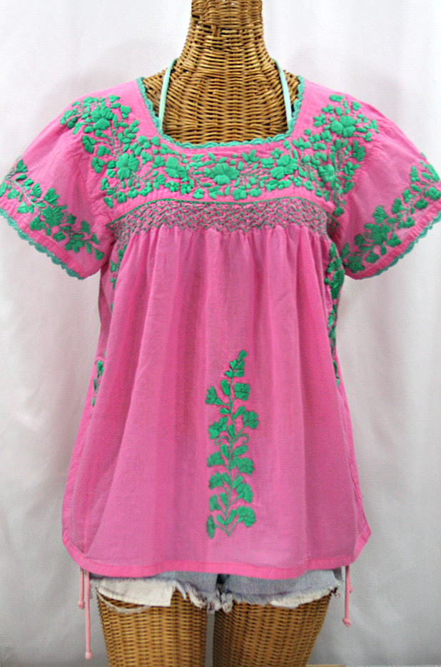 "La Marina Corta" Embroidered Mexican Peasant Blouse - Pink + Mint