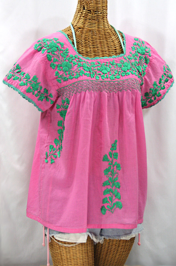 "La Marina Corta" Embroidered Mexican Peasant Blouse - Pink + Mint