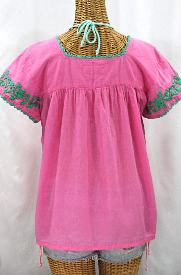 "La Marina Corta" Embroidered Mexican Peasant Blouse - Pink + Mint