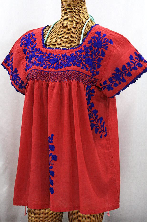 "La Marina Corta" Embroidered Mexican Peasant Blouse - Tomato Red + Blue