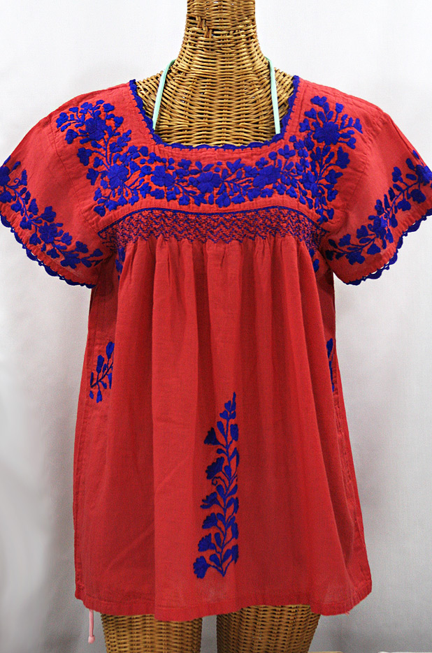 "La Marina Corta" Embroidered Mexican Peasant Blouse - Tomato Red + Blue