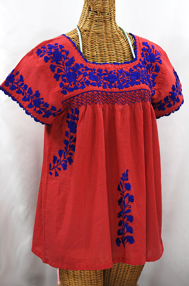 "La Marina Corta" Embroidered Mexican Peasant Blouse - Tomato Red + Blue