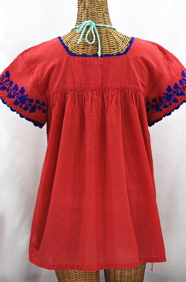 "La Marina Corta" Embroidered Mexican Peasant Blouse - Tomato Red + Blue