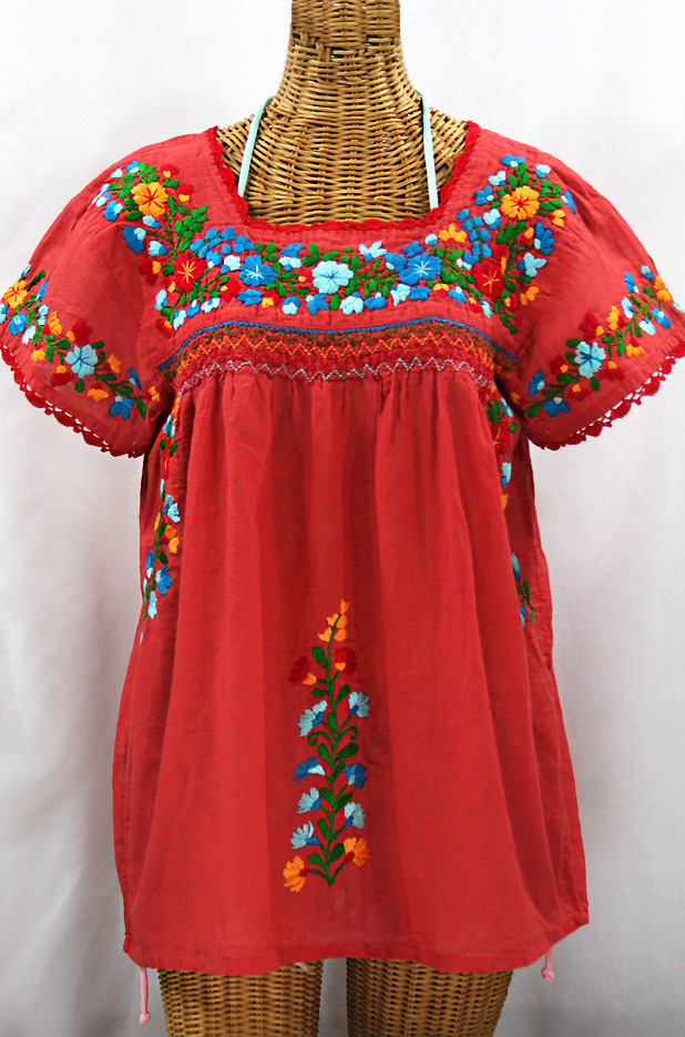 "La Marina Corta" Embroidered Mexican Peasant Blouse - Tomato Red + Fiesta