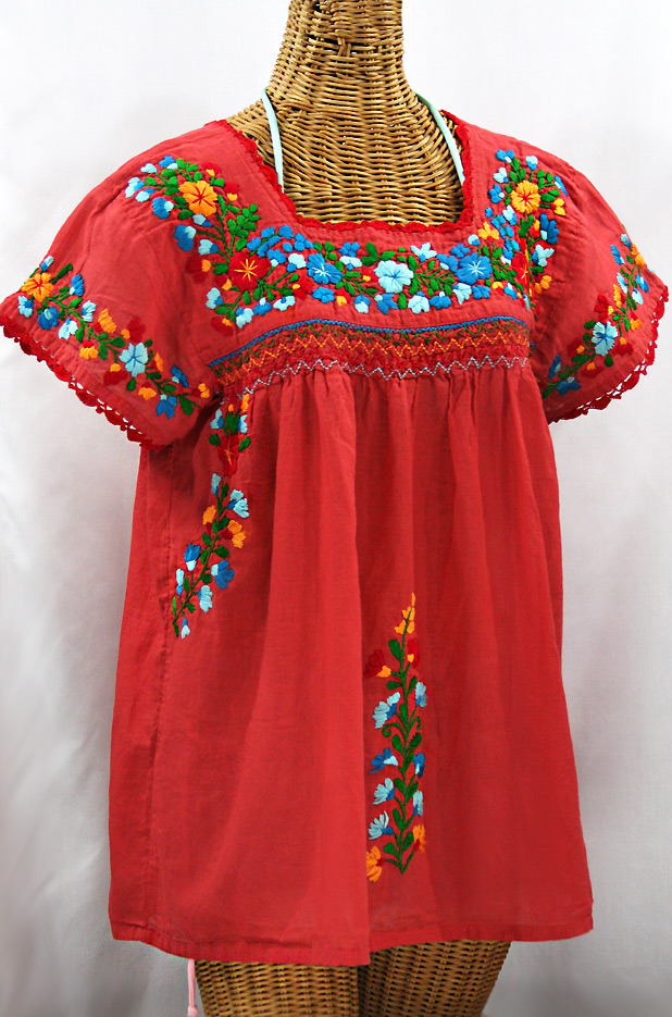"La Marina Corta" Embroidered Mexican Peasant Blouse - Tomato Red + Fiesta
