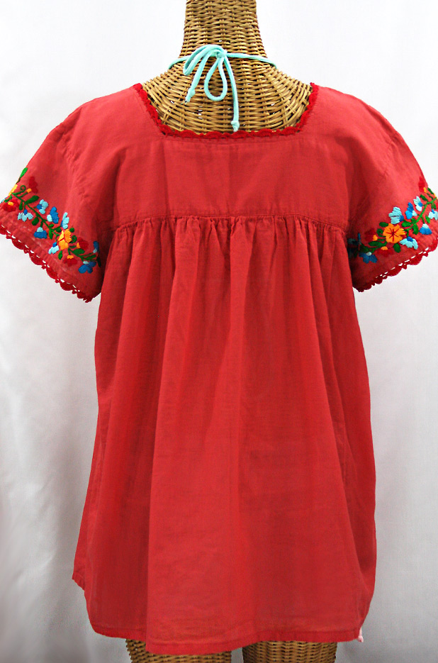 "La Marina Corta" Embroidered Mexican Peasant Blouse - Tomato Red + Fiesta