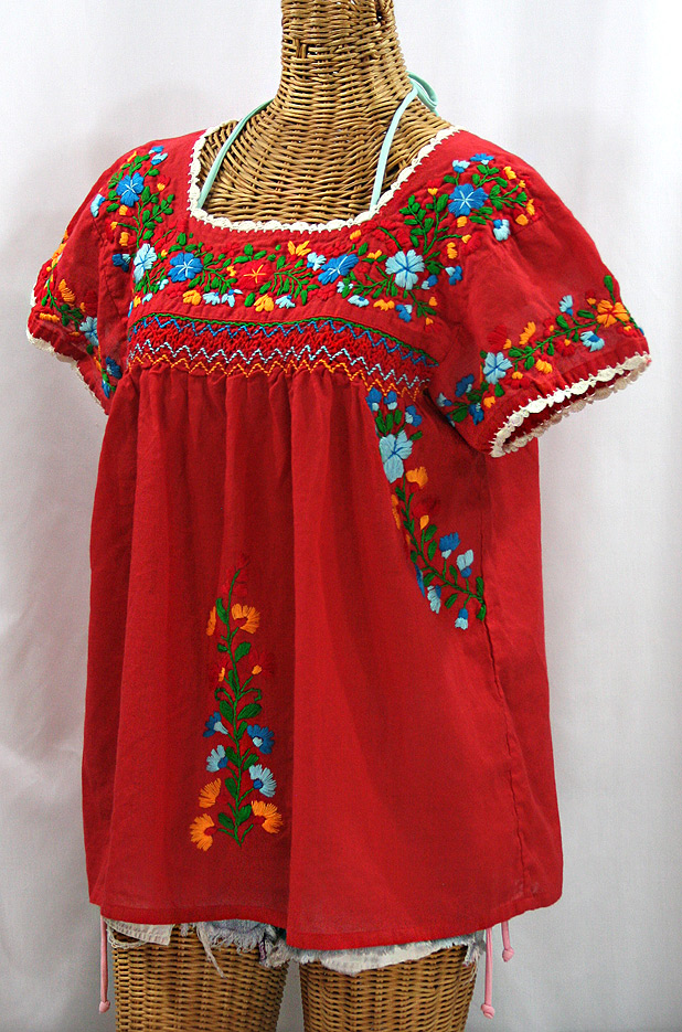 "La Marina Corta" Embroidered Mexican Peasant Blouse - Red + Fiesta