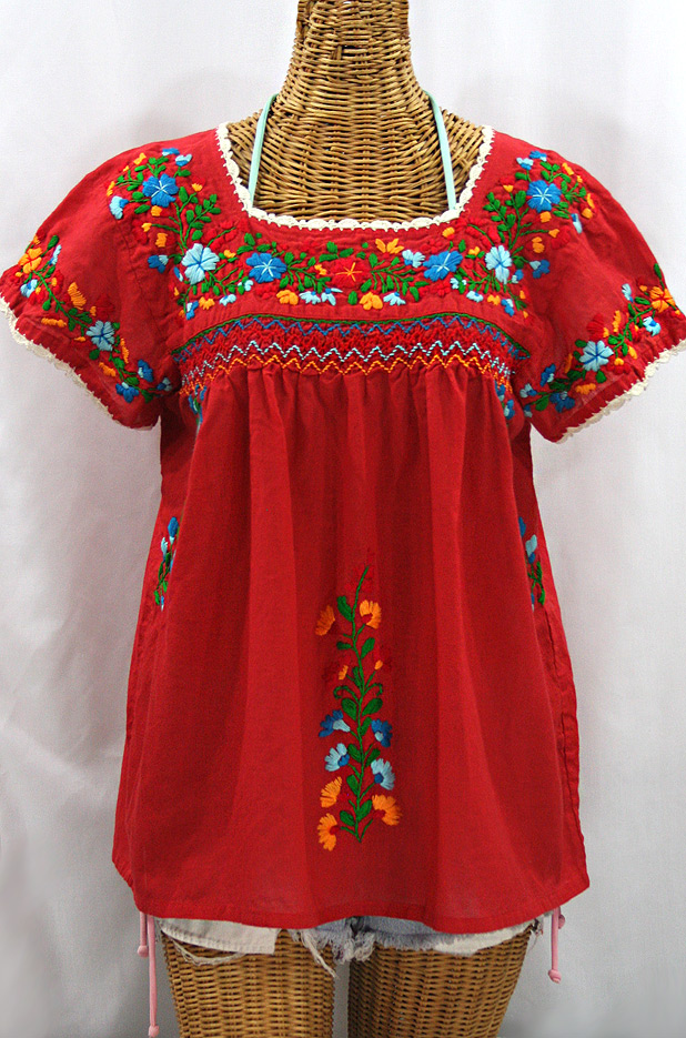 "La Marina Corta" Embroidered Mexican Peasant Blouse - Red + Fiesta