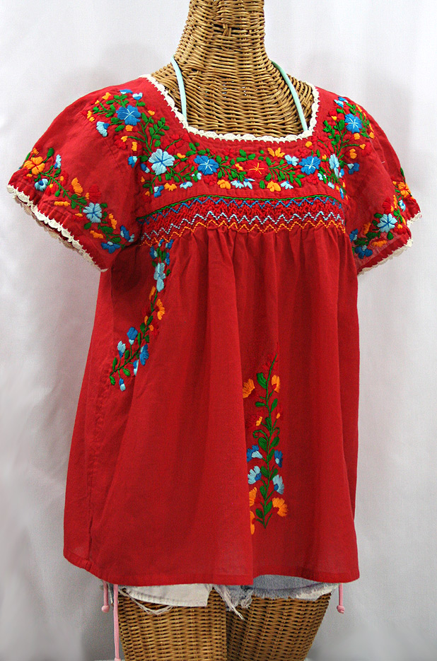 "La Marina Corta" Embroidered Mexican Peasant Blouse - Red + Fiesta