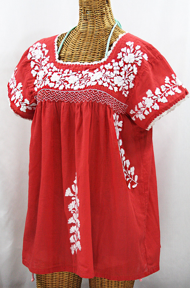 "La Marina Corta" Embroidered Mexican Peasant Blouse - Tomato Red + White