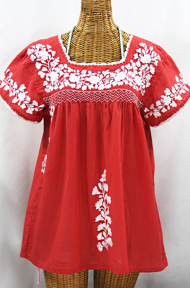 "La Marina Corta" Embroidered Mexican Peasant Blouse - Tomato Red + White